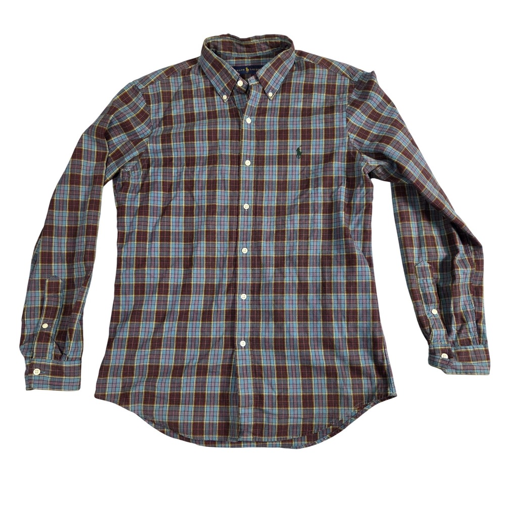 Ralph Lauren Button Down Shirt Mens M Blue Plaid Excellent Long Sleeve Pony